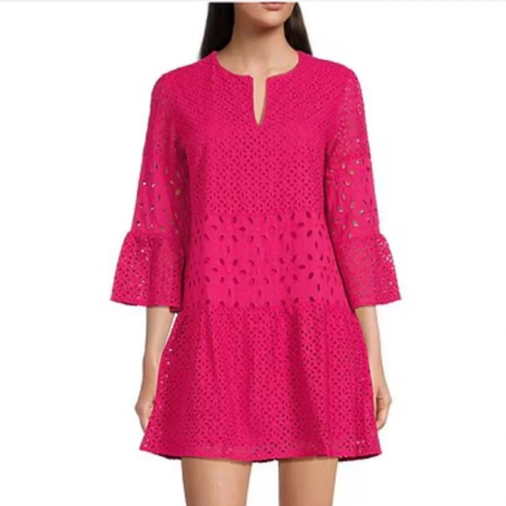 Tyler Boe Isla Woven Eyelet Split V-Neck 3/4 Bell Sleeve Tiered Drop Waist